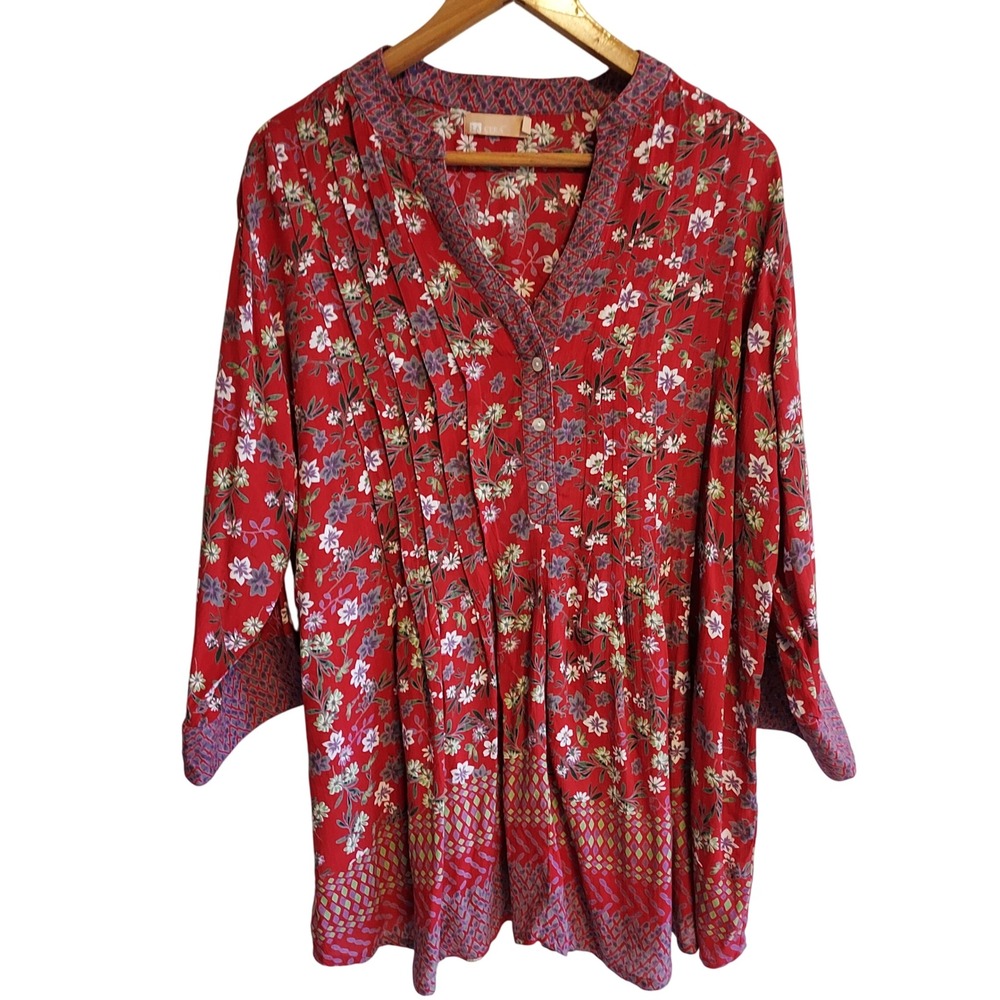 LA CERA Women's Red Floral Print Pleated V-Neck Tunic Top‎ XL